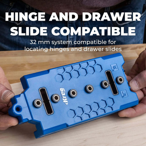 One Quarter Inch Shelf Pin Jig For Cabinets And Furniture With Edge Aligned Precision Hole Drilling Guide And Adjustable Shelf Pin Tool For Even Spacing And Quick Pro Grade Setup in blue plastic, shown with hand for scale.