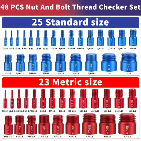 48 Piece Nut And Bolt Thread Checker Kit With Handy Tool Box For Comprehensive Bolt Size And Thread Gauge showing standard and metric sizes.
