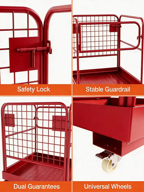 Close-up of Foldable Forklift Safety Cage 1200Lbs 1-3 Person Capacity with Lockable Wheels showing lock, guardrail, and wheels.