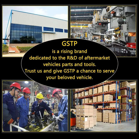 GSTP brand focused on R&D of aftermarket vehicle parts and tools, featuring factory exterior, machinery, workers, and warehouse storage.