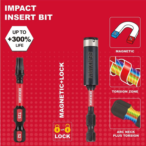Heavy Duty 50 Piece Torx T25 Impact Bit Set With 2 Inch Bits And Magnetic Bit Holder S2 Alloy Steel Built To Last For Real Tough Jobs Includes One Impact Bit Holder By GEINXURN showing magnetic lock and torsion zone features