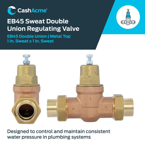CashAcme EB45 Sweat Double Union valve, 1 in sweat connections, copper/brass body with metal top, front and side views