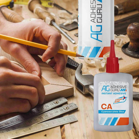 Fast Acting Cyanoacrylate Glue With Activator For Woodworking Woodturning Plastic Metal Leather Ceramic And DIY Craft Projects Delivers Instant Bond And Super Tight Grab Adhesive Guru 1 Pack shown with woodworking tools