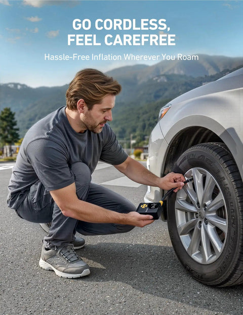 Man using Compact Portable Tire Inflator For Cars Bikes And Balls With 150 PSI Pump Built In Tire Pressure Gauge And LED Light Ultra Quick Inflation For Car Truck Motorcycle And Bike AstroAI L7 Mini on a car tire.