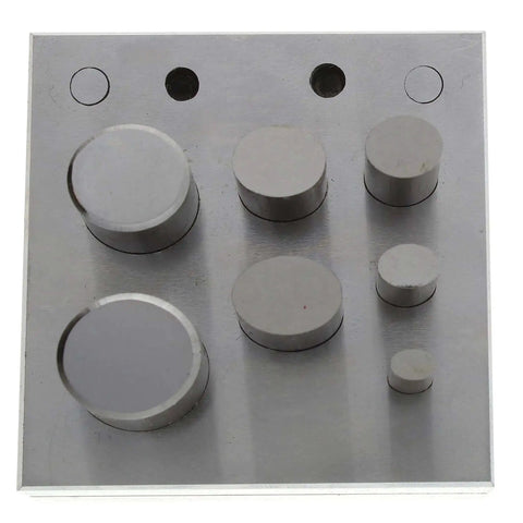 Oval Disc Cutter Set With Seven Punches And Die For Soft Metal Up To 14 Gauge, top view of metal punches in alloy steel for jewelry making