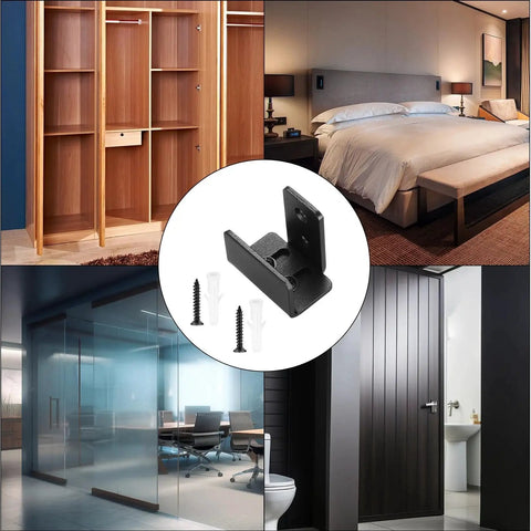U Shape Floor Guide For Sliding Barn Doors, 4 Pack, Black Finish shown with various door applications