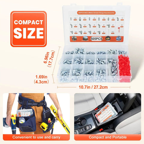 Image shows All In One 505 Piece Grease Fittings Kit for gearheads with metric and SAE Zerk assortment in compact storage case.