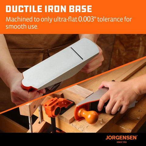 Person holding and using Pro Grade 10 Inch Wood Plane For Smoothing And Trimming With A Durable Ductile Iron Body And Adjustable Cutting Depth O1 Tool Steel Blade on a wooden surface.