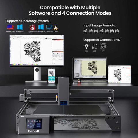 Beast Power 20000mW Laser Engraver And Cutter with 3.5 inch touch screen in operation, displaying engraving software on monitor