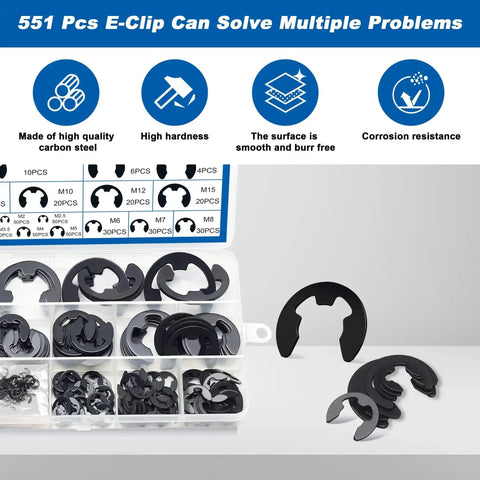Dope External E Clip Circlip Retaining Rings Kit 550 Pcs with Carbon Steel Rings and 1 Pcs Tweezers Includes Sizes M1.5 to M22