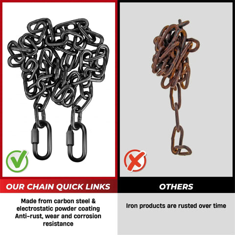 Comparison of Heavy Duty Chain Quick Links 4.2 Inch 2 Pack, high strength connectors vs rusty iron chain, highlighting anti-rust feature.