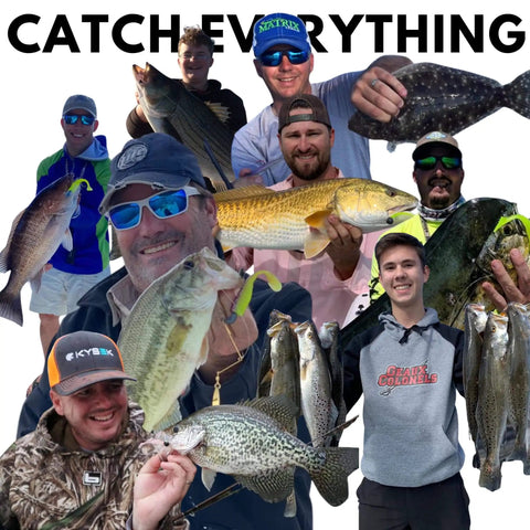 Group holding various fish species, including bass and trout, with text 'Catch Everything' in the background.