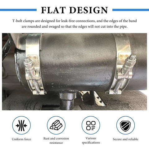 4 Pack Stainless Steel T-Bolt Hose Clamp Set For 3 Inch Hoses installed on a pipe, showing adjustable range and secure locknut