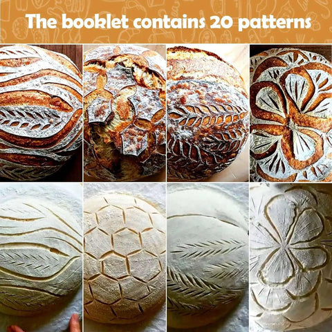 Close-up of scored sourdough bread with 20 decorative patterns using Magnetic Bread Lame For Sourdough Scoring No Swap Blade System.