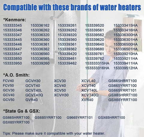 Pilot assembly replacement poster for natural gas water heaters; lists brands Kenmore, A.O. Smith, and State GS/GSX models.
