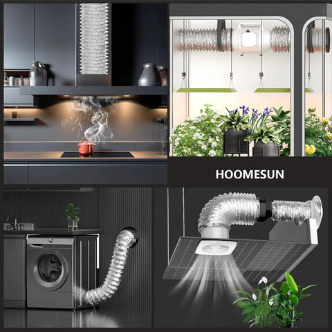 Heavy Duty Dryer Vent Hose 4 Inch Diameter 8 Foot Length Flexible Exhaust Ducting installed in kitchen and laundry room setups.