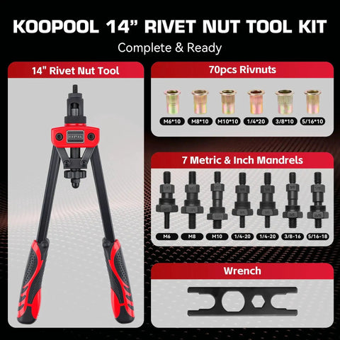 14 Inch Rivet Nut Tool Kit With 7 Mandrels And 70 Rivet Nuts Heavy Duty Nutsert Set In Rugged Carrying Case For Automotive Marine And Construction Projects image
