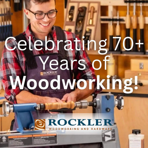 Person using a wood lathe with Rockler logo, celebrating 70+ years of woodworking in a workshop setting.
