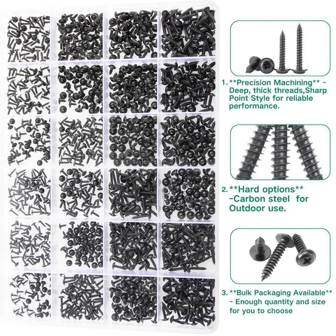 Assorted 1200 Pcs Black Phillips Truss Head Self Tapping Screws Set M1.2 To M2.3 with Washer Wafer and Pan Head in Clear Box