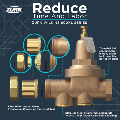Zurn Wilkins 2-600XL pressure reducing valve with brass body and threaded connections