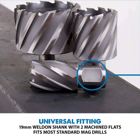 Three annular cutters with 19mm Weldon shank featuring 2 machined flats, designed for magnetic drill presses, with text overlay.