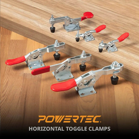 8 Pack Small Toggle Clamps With 60 Lbs Holding, Quick Release Horizontal Adjustable Clamps for Woodworking Jigs displayed on table