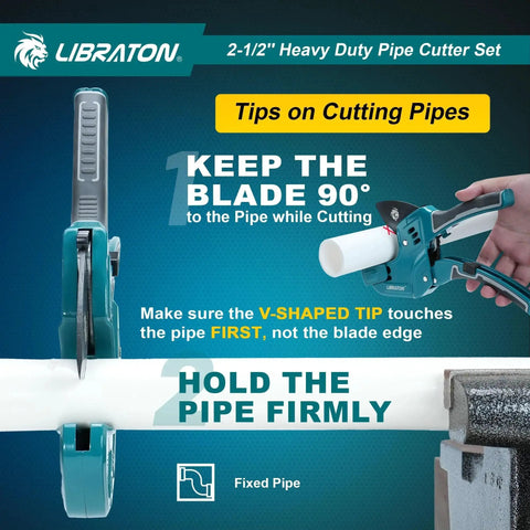 Person using Heavy Duty Ratcheting PVC Pipe Cutter For PEX PVC And PPR Hoses Up To Two And One Half Inches with guidelines shown.