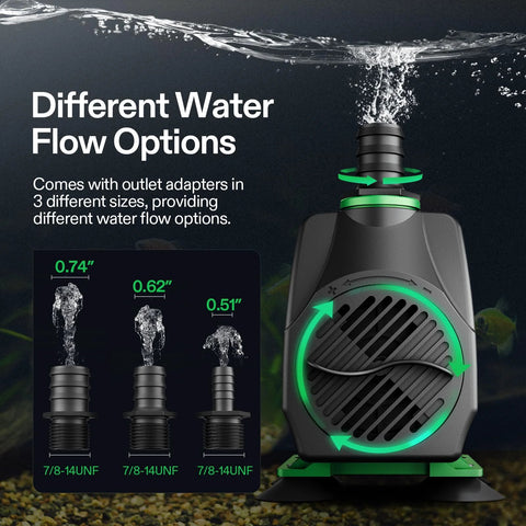 VIVOSUN 800GPH submersible pump for ponds and tanks; three nozzle sizes 0.74 in, 0.62 in, 0.51 in with 7/8-14UNF adapters