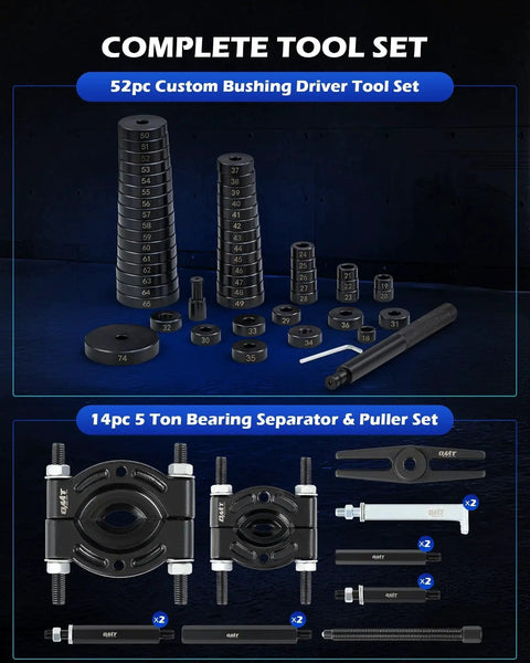 52pc bushing driver and 14pc bearing separator kit from 2 In 1 Bushing Driver And Bearing Press Kit With 2 Inch And 3 Inch Jaws 5 Ton Capacity.