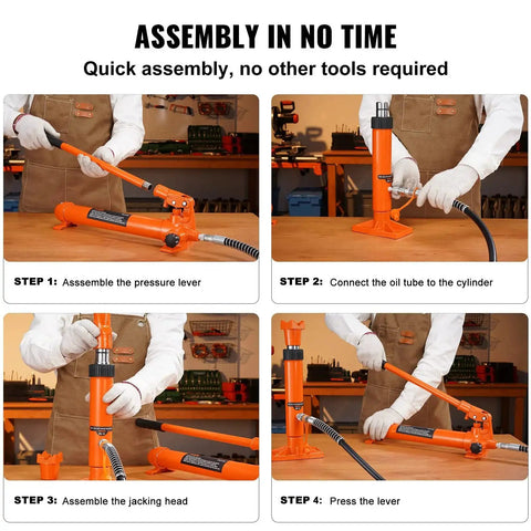 10 Ton Porta Power Hydraulic Kit With Pump 4.6 Ft Hose Bent Frame Repair Tool assembly steps with gloves in workshop setting