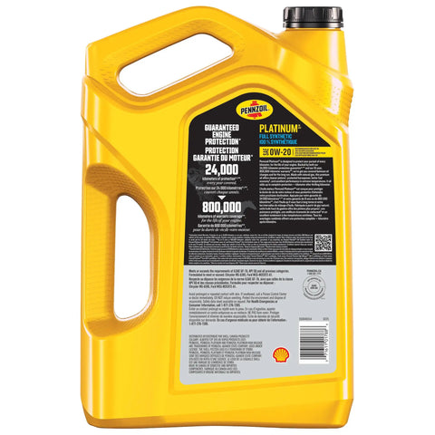 Side view of Premium Full Synthetic 0W-20 Motor Oil Made With Natural Gas, 5 Liter bottle showing label details.