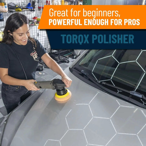 Person using TorqX Random Orbital Polisher Kit With Pads on car hood, highlighting 700W motor and 8mm orbit in detailing set
