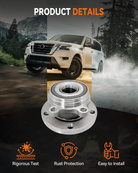 Two Piece Front Wheel Hub Bearing Assembly Compatible With Audi A3 Q3 TT Beetle Jetta CC EOS Golf GTI City Passat R32 Rabbit Tiguan 09 17 2018 Limited No Fuss Drop In For A Solid Smooth Ride On Volkswagen And Audi Models, shown with installation icons.