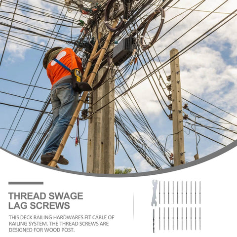 Worker installing cables on a pole with 20 Pcs Stainless Steel Left And Right Handed Lag Screws For Deck Cable Railing Hardware Heavy Duty