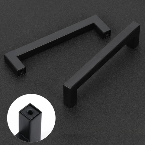 Matte Black Cabinet Pulls Square Drawer Handles with 3-3/4 Inch Hole Centers 96 mm Stainless Steel, shown top view and close-up