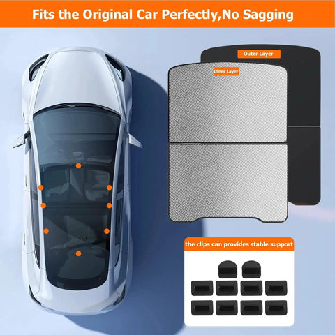 Nano Reflective Sunshade for Model Y 2025 2026 Heat Insulation UV Protection displayed with top car view and clips