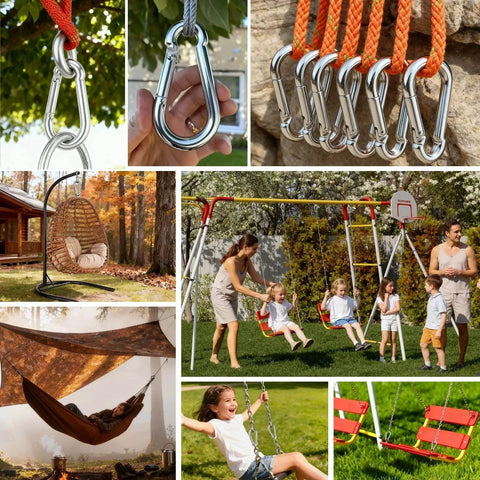 Collage of 50 Pack Heavy Duty Carabiners M8 Five Sixteenths Inch Diameter Spring Snap 3 Inch Length Zinc Galvanized Steel Clips in outdoor use