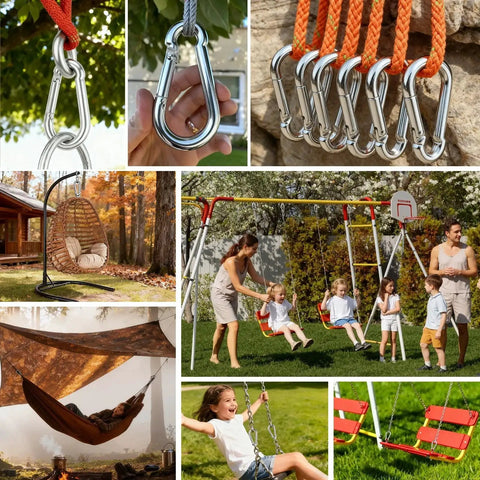 Collage showing 10 Pack 5.5 Inch Heavy Duty Carabiner Clips 12mm Spring Hooks 1350Lb Capacity used in swings, hammocks, and gym setups.