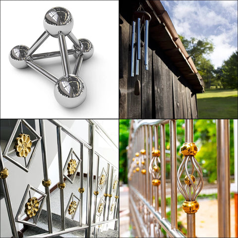 uxcell 304 stainless steel tube sculpture with chrome ball joints, front view

uxcell 304 stainless steel tube wind chimes hanging from a wooden fence outdoors

uxcell 304 stainless steel railing installed with geometric square frames and gold accents

uxcell stainless steel railing close-up showing twisted bars and gold bead detail