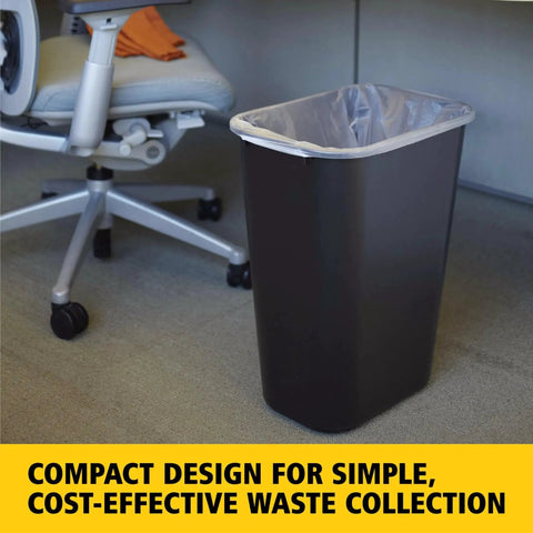 Durable 41 Quart Stackable Wastebasket Trash Can In Black, Heavy Duty Plastic With Rolled Rim next to office chair