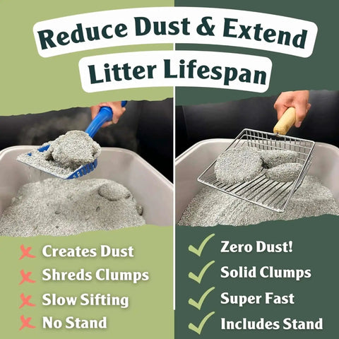 Comparison of blue plastic scoop creating dust and 5X Faster No Shake Metal Cat Litter Scoop With Stainless Steel Sifting Design And Holder reducing dust