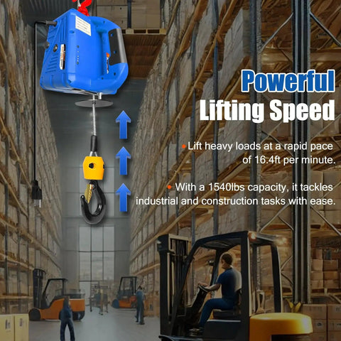 Electric Hoist Winch 1540 Lb Capacity With 1500W Power in warehouse, showcasing lifting speed and capacity