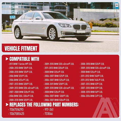 Vehicle fitment chart for Vanos Solenoid Oil Control Valve Set Two Pack, compatible with various BMW models.