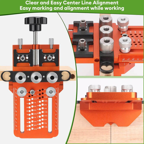 Adjustable Dowel Jig Kit With Quick Positive Stop And Clamp For Precision Woodworking showing drill bushes and alignment features.