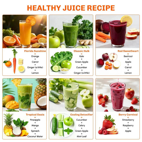 Healthy juice recipe collage showing six juice glasses and fresh fruits and vegetables.