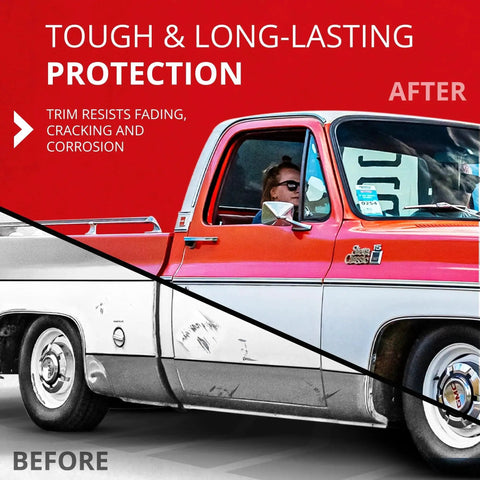 Square Body Side Molding Chrome Trim 2.25 In For 1973-1987 Chevy C10 GMC Trucks shown on vintage red and white truck