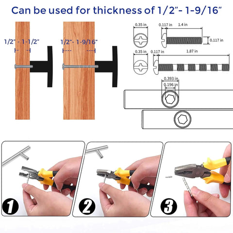 Installation diagram for curved matte black cabinet pulls for 1/2" to 1-9/16" thickness with assembly steps shown