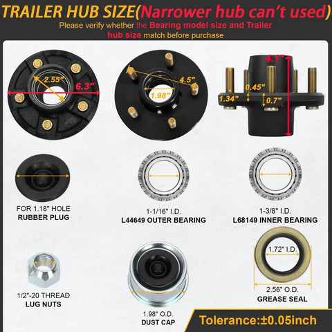 Diagram showing components and dimensions of Two Sets 3500Lb Trailer Hub Kit 5 Bolt 4.5 Inch 5x4.5 for tapered spindles.