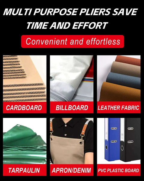 Pro Grade Grommet Kit materials including cardboard, billboard, leather fabric, tarpaulin, apron/denim, PVC plastic board