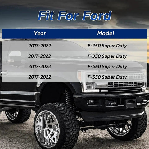 Truck compatibility chart showing Upgraded Tailgate Upper Rubber Bumper Kit For Ford F-250 F-350 F-450 F-550 LH RH, 2017-2022 models.
